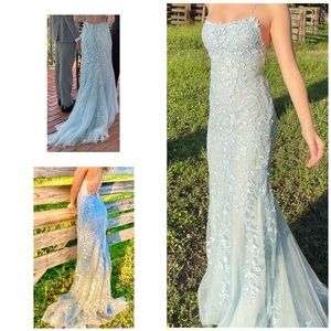 AMARRA Open Back Fitted Bodice Lace Applique Tulle Gown